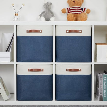 DULLEMELO Storage Baskets for Shelves Closet Storage,Large Home Organization Bins for Gifts Empty,Foldable Fabric Storage Cubes Baskets for Nursery Toy Towels Clothes Storage(White&Blue)