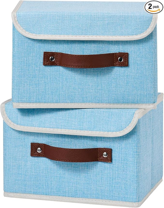 2PCS Storage Boxes with Lid Cotton Linen Fabric Storage Bins Organizer Container Decorative Collapsible Washable Shelf Closet Baskets Faux Leather Handles Home Bedroom (Light Blue, Small)