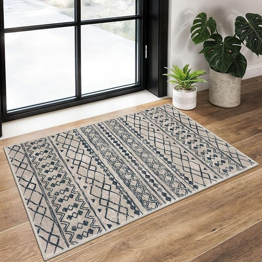 KUTA Moroccan Rugs for Entryway, 2x3 Light Brown Black Entrance Small Area Rug Non-Slip Washable, Ultra Soft Vintage Geometric Low-Pile Indoor Door Mat Floor Carpet for Kitchen