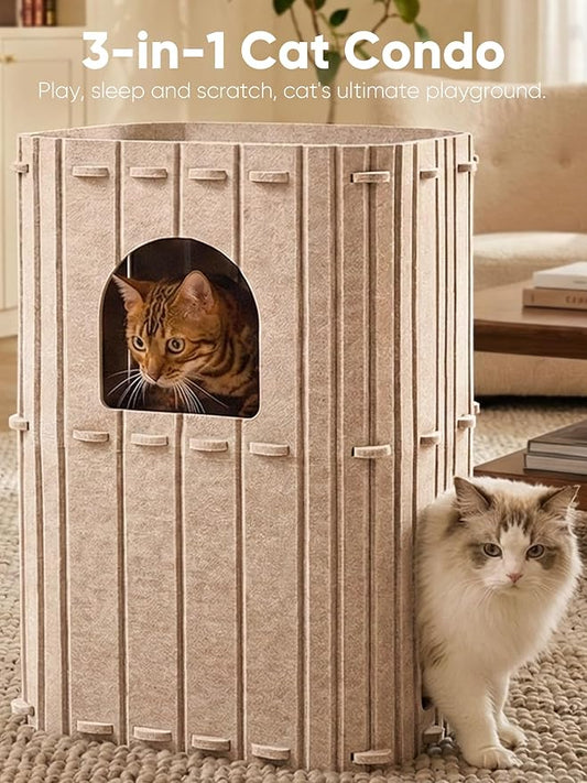 FUKUMARU Cat House for Indoor Cats, 23.62 Inch Large Cat Bed Cave Condo, 2-Storey Cozy Felt Covered Cats Tunnel Kitten Hideaway for Multicats, Scratch Resistant, Beige