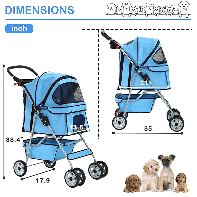 4 Wheels Pet Stroller Waterproof,Travel Stroller for Small Medium Dogs & Cats,Easy Fold with Removable Liner,Storage Basket,Blue