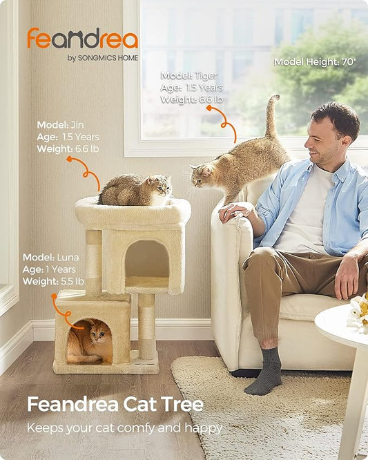 Feandrea Cat Tree, 26.4-Inch Cat Tower, Plush Condo for Kittens up to 7 lb, Large Perch, 2 Caves, Scratching Post, Beige UPCT611M01