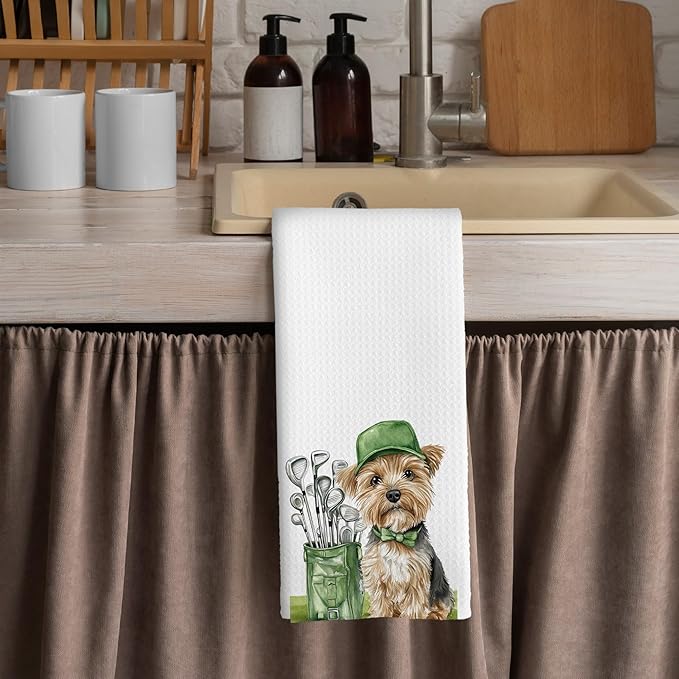 Golf Dog Kitchen Towels - Yorkshire Terrier Dish Towels, Sports Gifts, Pet Golf Club Decorative Absorbent Dishcloths Hand Towels for Kitchen Gym Spa Decor 16x24 Inches