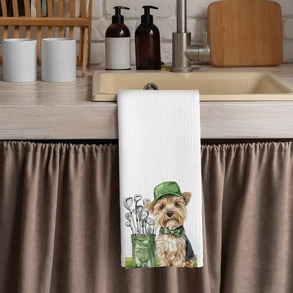 Golf Dog Kitchen Towels - Yorkshire Terrier Dish Towels, Sports Gifts, Pet Golf Club Decorative Absorbent Dishcloths Hand Towels for Kitchen Gym Spa Decor 16x24 Inches