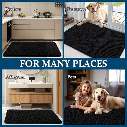 OLANLY Dog Door Mat for Muddy Paws 59x20, Absorbs Moisture and Dirt, Absorbent Non-Slip Washable Doormat, Quick Dry Chenille Mud Mat for Dogs, Entry Indoor Entryway Carpet for Inside Floor, Black