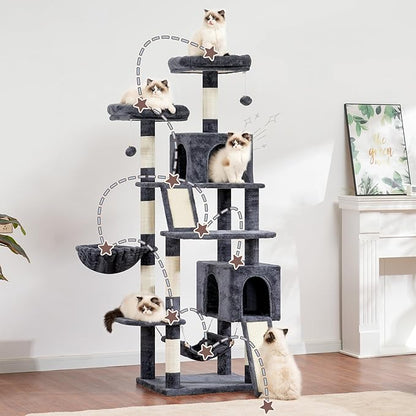 Gitelsnour Cat Tree for Indoor Cats, 71'' (180cm) Multi-Level Cat Tower for Large Adult, Sturdy Cat Tree House with 2 Scratching Boards 7 Posts, 2 Plush Perches/Condos, Hammock, Smoky Gray GCT032G