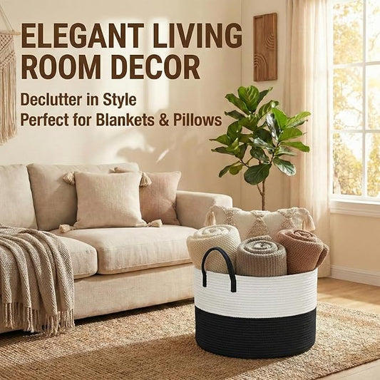 65L Extra Large Blanket Basket for Living Room - Woven Cotton Rope Laundry Hamper with Reinforced Handles - Storage Bin for Pillows, Comforters & Toys - Machine Washable,White&Black
