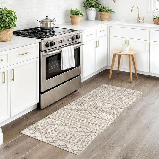 KUTA Boho Hallway Runner Rug 2x5 ft Moroccan Washable Non-Slip Vintage Beige Kitchen Rugs Ultra Soft Distressed Geometric Floor Carpet Runners for Bedroom Laundry Living Room