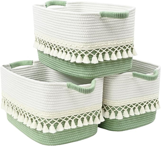 2 Pack Storage Basket, Heavy Tassel Woven Baskets for Storage, Boho Cotton Rope Storage Bin, Cube Organizer Bins, Baby Laundry Basket for Clothes, Toys, Diapers, Pets（White & Green）