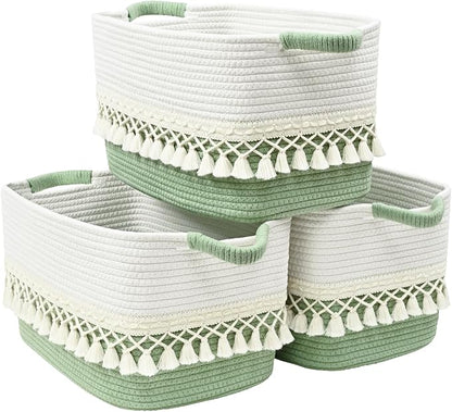 3 Pack Storage Basket for Shelves, Boho Cotton Rope Storage Bins with Heavy Tassel, Shelf Baskets Large Woven Baskets for Organizing, Cube Organizer Bins, Baby Laundry Basket for Clothes, Toys, Pets