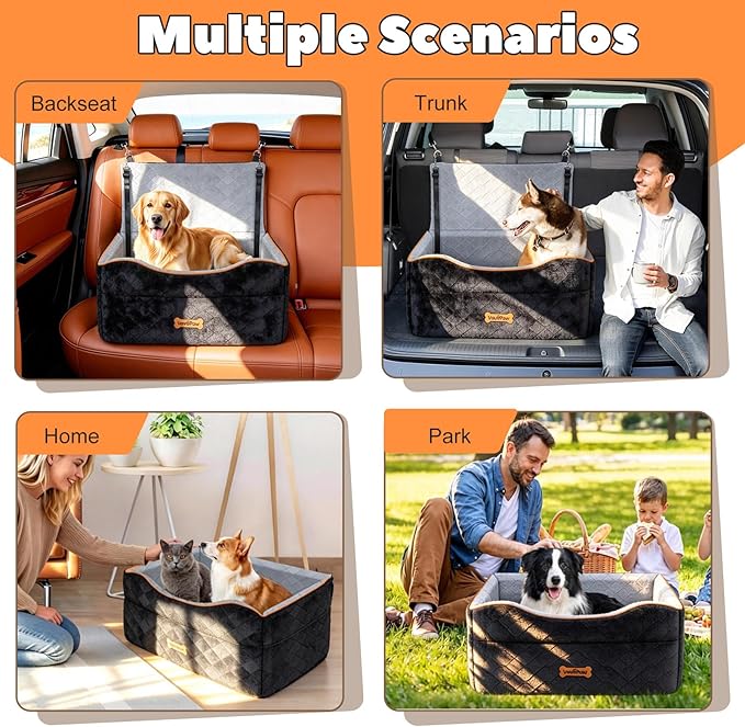 Dog Car Seat for Medium Dog, Dogs Booster Seat Under 50Lbs or 2 Small Dogs Washable, Pet Car Seats with 2 Safety Leashes, Pets Sofa Bed Cushion Add Thick Sponge, Pet Cars Carrier for Travel