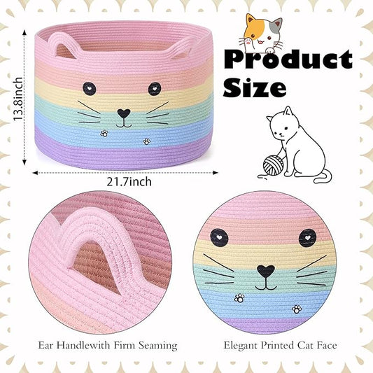 Zopeal Cat Basket Storage Woven Organizer with Ears Easter Decorative Pet Toy Cute Cotton Rope Basket for Gift Cat Dog Toy Bin Nursery Room(21.7 x 13.8 Inch,Macaron Color)