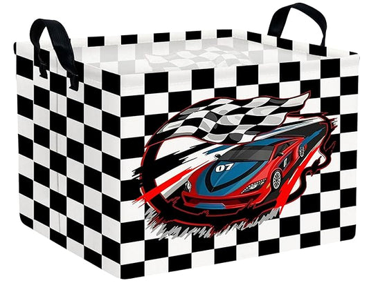 Large Boys Checkered Basket Canvas Kids Toy Storage Bin Nursery Baby Organizing Decor (Check Racing Car)