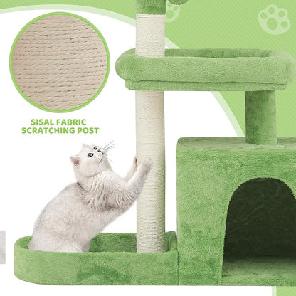 Magshion 32" Cat Tree for Kittens and Senior Cats, Small Cat Tower with Green Leaves, Scratching Posts, Cozy Condo, Low Perch & Fluffy Balls, Stable Cat House with Leaf Design