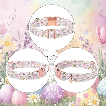 Easter Dog Collar, Pastel Floral Egg Easter Collars for Small Dogs, Cute Girly Spring Holiday Dog Collars, Adjustable Heavy Duty Female Pet Collar with Metal Buckle S
