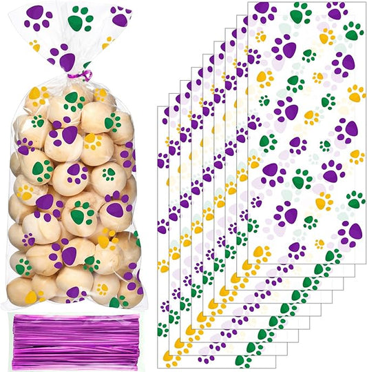 Blulu 100 Pieces Dog Treat Bags Puppy Party Favor Pet Paw Cone Cellophane Bags Candy Heat SealableDog Paw Gift with 100 Pieces Silver Twist Ties for Pet Cat Treat Party Favor(Carnival Colors)