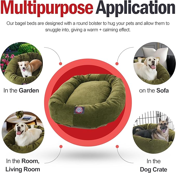 Majestic Pet 40 Inch Micro Velvet Calming Dog Bed Washable – Cozy Soft Round Dog Bed with Spine for Head Support - Fluffy Donut Puppy Mat 40x29x9 (inch) Large – Fern (2025)