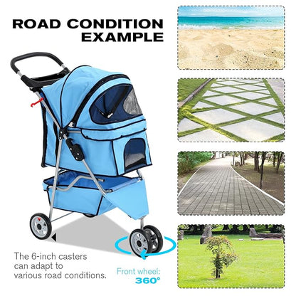 HCY Folding Dog Stroller, 3 Wheels Pet Strollers Pet Gear for Small Medium Cats Dogs Puppy with Storage Basket, Cup Holder,Lightweight Blue 35.04inchx17.32inchx38.58inch