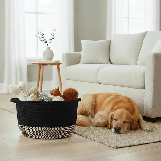 Stylish Cotton Rope Storage Basket For Dog Toys, Magazines or Books - The Perfect Woven Bin with Handles For Everyday Organization Reduces Clutter in Your Rooms - A Decorative Gift & Storage Box