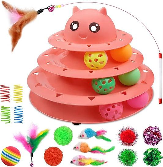 UPSKY 20 PCS Cat Toys - 3-Level Turntable Roller with Balls for Indoor Cats, Kitten Set with Teaser, Mice, Spring, and Various Ball Toys