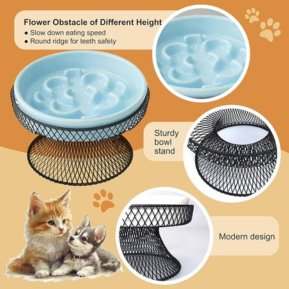 Elevated Ceramic Cat Slow Feeder Bowl Raised Cat Food Bowl with Stand, Detachable pet Bowl Design for Wet Food and Dry Food, Whisker Friendly Pet Puzzle Feeder for Kitten and Small Dog