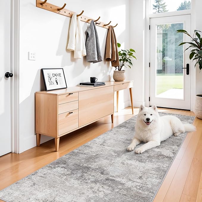 3x10 Extra Long Runner Rug Non-Slip Washable - Abstract Modern Indoor Hallway Carpet for Long Entryways, Kitchen, Bedroom - Soft Thin Low Pile Floor Runners for High Traffic Areas 3x10 Grey