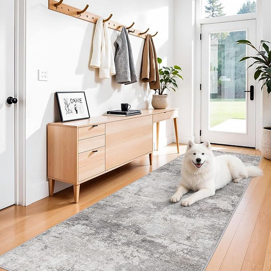 3x10 Extra Long Runner Rug Non-Slip Washable - Abstract Modern Indoor Hallway Carpet for Long Entryways, Kitchen, Bedroom - Soft Thin Low Pile Floor Runners for High Traffic Areas 3x10 Grey