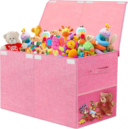 Large Toy Storage Box with Lid Upgraded Toy Chest Organizer with Removable PP Divider Foldable Toy Bin for Kids Boys Girls Linen Fabric Toy Box for Playroom Nursery Bedroom (25"x13"x16")