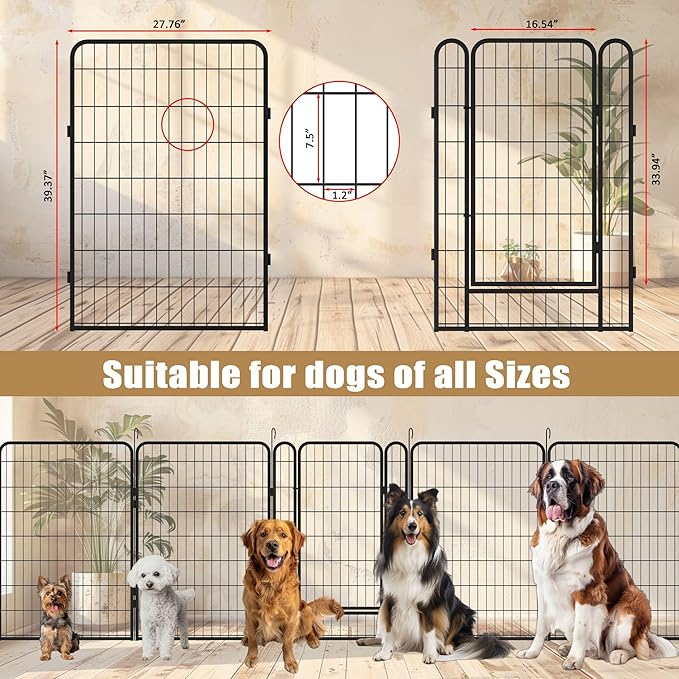 Dog Playpen Indoor - Pet Fence Puppy Exercise Pen for Yard Gate 6/8/12/16Panel Heavy Duty Crates with Doors Metal Dog Pen for Camping Outdoor (Black 12 Panels, 39.37''H)