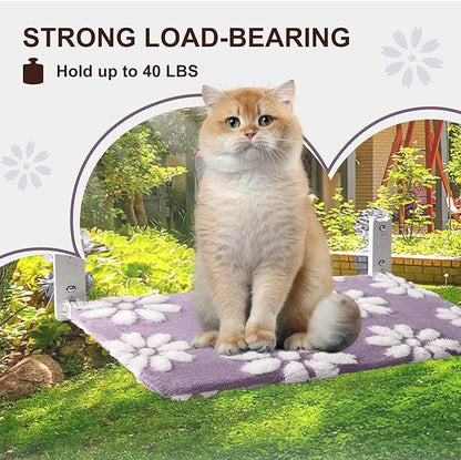 Cat Window Perch, Foldable Cat Window Hammock with Cute 3D Textured Flower Cover and Strong Suction Cups, Cordless Window Seat Bed for Indoor Cats (Purple, Large)