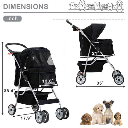 4 Wheels Dog Stroller, Foldable Pet Stroller for Small Medium Dogs, Portable Breathable Cat Stroller Dog Strollers with Storage Basket, Cup Holders, Removable Liner for Travel & Outdoor Use, Black