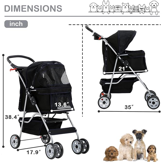 4 Wheels Pet Stroller Waterproof,Travel Stroller for Small Medium Dogs & Cats,Easy Fold with Removable Liner,Storage Basket,Black