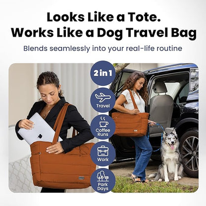 rubyloo Puffer Dog Travel Bag for Dog Moms – Doggy Diaper Bag with Pet Bowls & Food Storage or Everyday Puffy Tote – Doggy Mom Gifts for Women – Lightweight, Travel-Ready Gift for Pet Lovers - Rust
