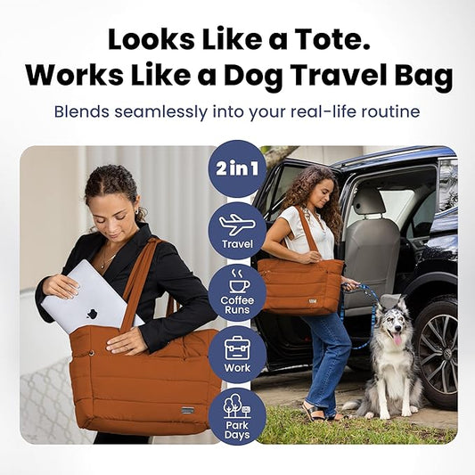 rubyloo Puffer Dog Travel Bag for Dog Moms – Doggy Diaper Bag with Pet Bowls & Food Storage or Everyday Puffy Tote – Doggy Mom Gifts for Women – Lightweight, Travel-Ready Gift for Pet Lovers - Rust