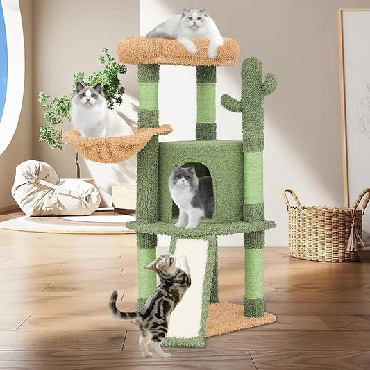 Magshion 42" Cactus Cat Tree, Multi-Level Cat Tower for Indoor Cats with Scratching Posts, Ramp, Top Perch, Side Basket & Platforms, Cat Climbing Tower Kittens Pet Play House