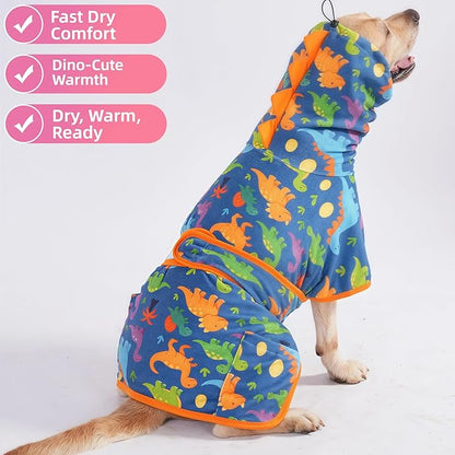 LovinPet 3‑in‑1 Dog Warm Winter Coat & Bathrobe, Hooded Dinosaur Fleece,Lightweight High‑Loft,Absorbent Knit, Quiet Hook‑and‑Loop, Wind‑Blocking Edges,Dog Robes for Medium & Large Dogs, Teal Blue,2XL