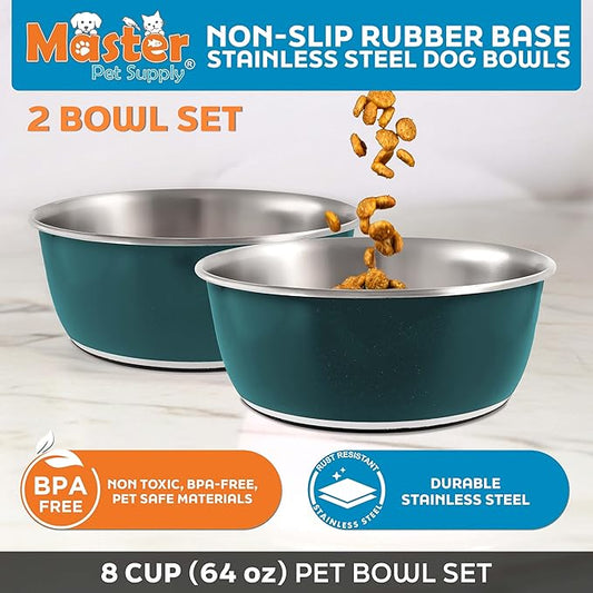 Master Pet Supply Stainless Steel Dog Bowls Set of 2 (64 Oz Each) with Non-Slip Rubber Base - Emerald Sea - Basic Dog Food Bowl Water & Food Bowls for Small Medium Large Dogs & Cats, Metal Dish