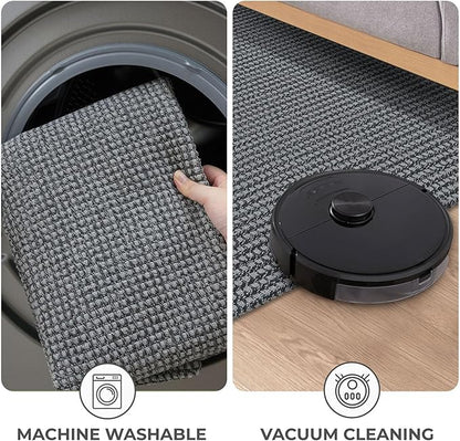 KOZYFLY Long Runners for Hallways 2x12 ft Washable Kitchen Runner Non Slip Rubber Backed Hallway Rugs Cotton Entryway Runner Rug Floor Carpet for Indoor Hall, Backdoor, Kitchen, Grey/Dark Grey