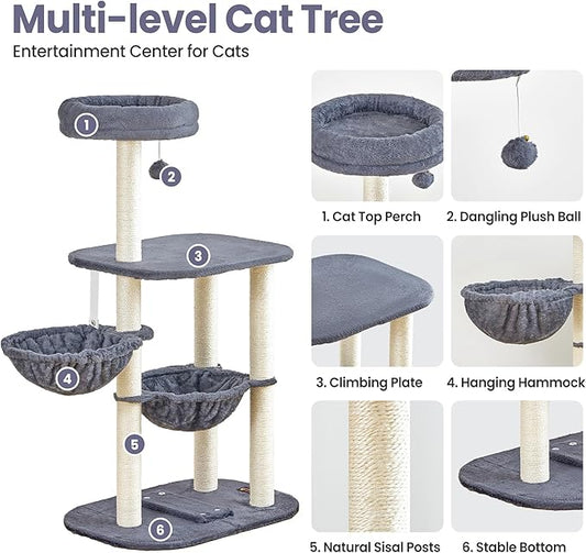 Small Cat Tree Tower with Lots of Scratching Posts - 42 Inch Medium Compact Cats Scratch House with Hammock Perch for Multi Level 2 Kitty - Indoor Corner Cat Bed Condo Climbing Gym Towers Furniture