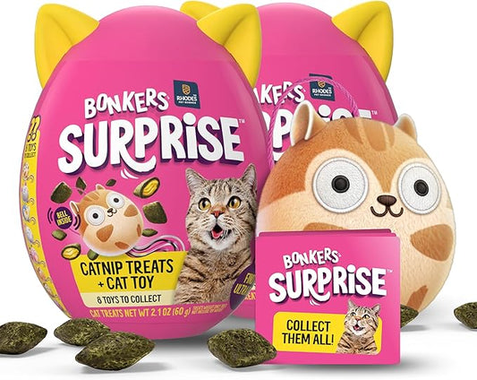 Bonkers Cat Surprise Catnip Flavor Cat Treats with Toy Surprise, 100g Egg Case with Blind Box Cat Toy (1 of 8 Collectible Toys) (Pack of 2)