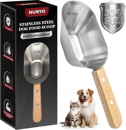 Dog Food Scoop 1 Cup,304 Stainless Steel Cat Food Scoop with Long Wooden Handle,Dog Food Measuring Cup with Precision Scale for Pet Food Rice Flour