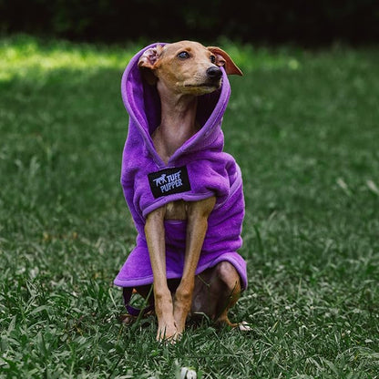 Tuff Pupper Fast Drying Dog Bath Robe | 800 GSM Plush Dog Towel Bathrobe/Dressing Gown | Super Absorbent Pet/Puppy Bathrobe | Adjustable Hood & Belly Strap | Super Soft | Fast Drying (XS, Purple)