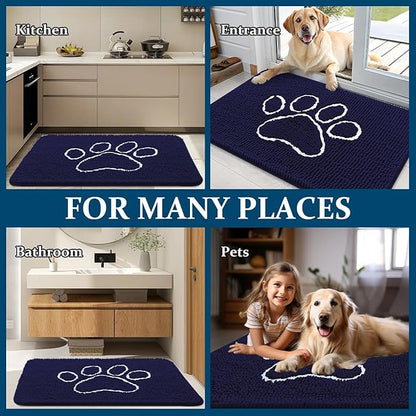 OLANLY Dog Door Mat for Muddy Paws 30x20, Paw Print Design, Absorbs Moisture and Dirt, Absorbent Non-Slip Washable Doormat, Quick Dry Chenille Mud Mat for Dogs, Entry Indoor Entryway Carpet, Navy Blue