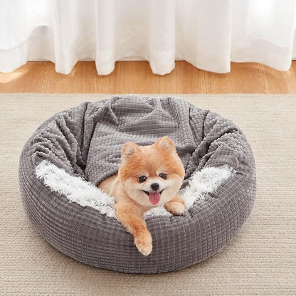 MIXJOY Small Dog Bed Cat Bed with Blanket Attached, Round Hooded Cozy Dog Cave Beds for Small Dogs, Soft Plush Cuddler Puppy Pet Bed, Anti-Slip Bottom, 23inch