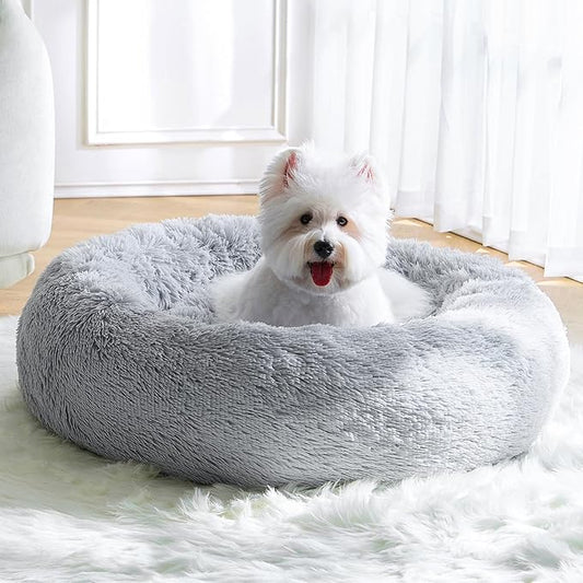 Calming Small Dog Bed, Donut Fluffy Anti-Anxiety Round Washable Cute Bed, Plush Cozy Cuddler Warming Soft Comfort Pet Bed for Small Medium Dogs Cats, 28inch,Light Grey