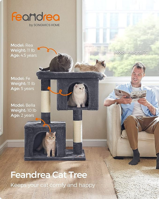 Feandrea Cat Tree, 40.6-Inch Cat Tower, Plush Condo for Extra Large Cats up to 44 lb, Large Perch, 2 Caves, Scratching Post, Smoky Gray UPCT614G01