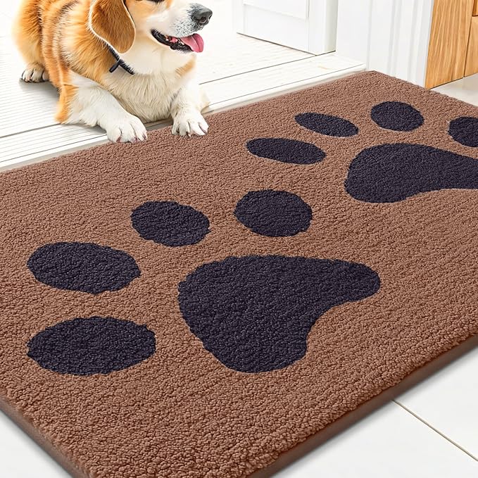 Smiry Dog Door Mat for Muddy Paws, Absorbs Moisture and Dirt, Low-Profile Entryway Mat with Non-Slip Backing, Entry Indoor Outdoor Doormat for Inside Floor (36x24 Inches, Camel and Black, Paw)