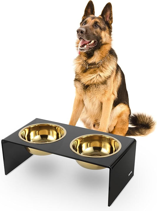 The LICKER Store DBL2001B Keaton 7.5" Medium/Large Modern Lucite Rectangular Elevated Pet Feeder with 54oz 2-Stainless Steel Bowls, Black/Gold