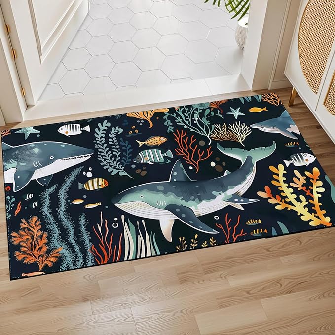 Shark Indoor Door Mat,Black Ocean Fish Floor Doormat,17x29.5in,Non Woven Non Slip Rubber Backing Animal Cartoon Rug for Porch Insider,Bedroom,Kitchen,Doormats Gifts,Rv Camper Decor