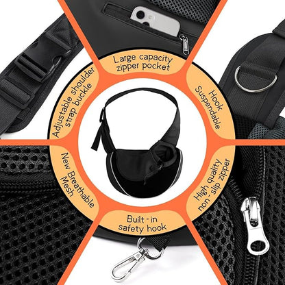 YUDODO Pet Sling Carrier for 5-9 lbs Small Dogs & Cats – Hands-Free Puppy Carrier with Safety Hook, Large Zipper Pocket, Soft Breathable Mesh, Adjustable Strap & Reflective Strip (Black 2.0 M)